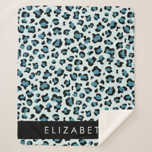 Leopard Print, Spots, Blue Leopard, Your Name Sherpa Blanket