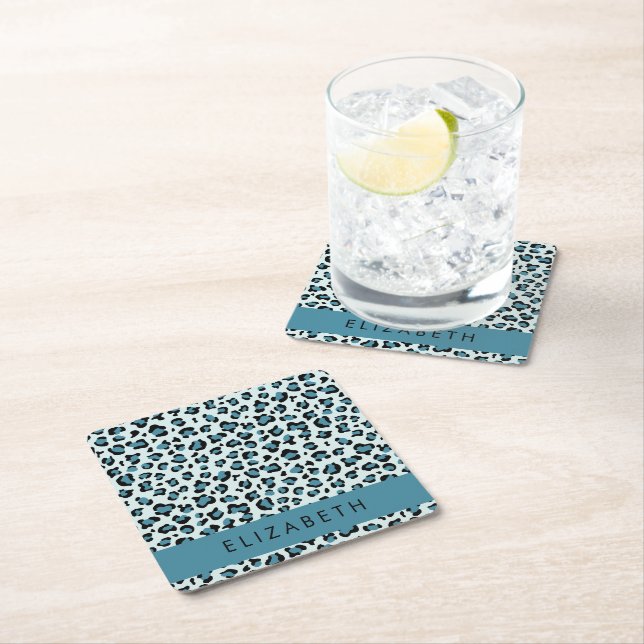 Leopard Print, Spots, Blue Leopard, Your Name Square Paper Coaster (Insitu)