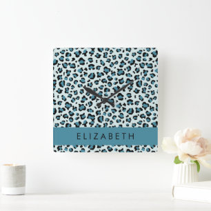 Leopard Print, Spots, Blue Leopard, Your Name Square Wall Clock