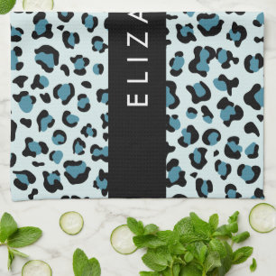 Leopard Print, Spots, Blue Leopard, Your Name Tea Towel