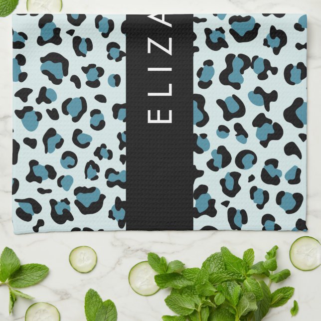 Leopard Print, Spots, Blue Leopard, Your Name Tea Towel (Folded)