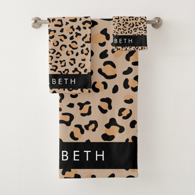 Leopard Print, Spots, Brown Leopard, Your Name Bath Towel Set (Insitu)
