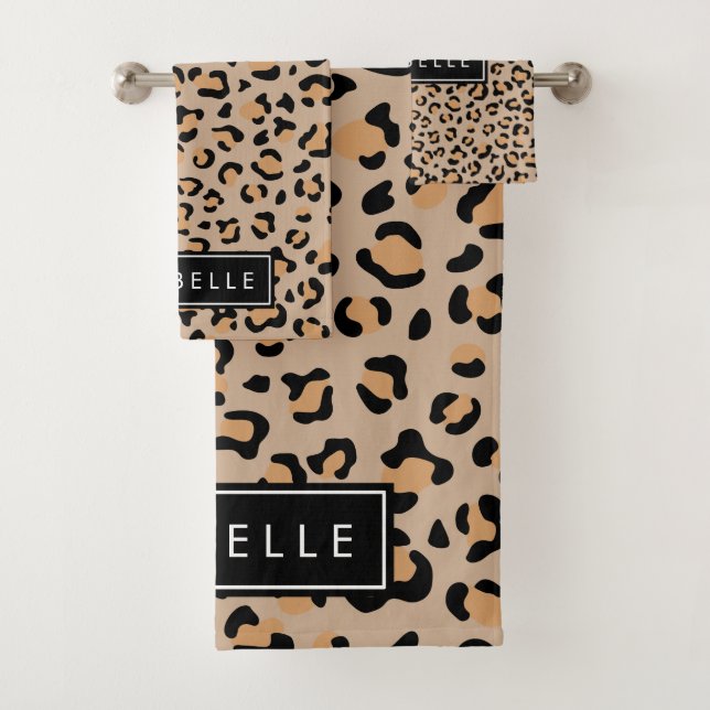 Leopard Print, Spots, Brown Leopard, Your Name Bath Towel Set (Insitu)