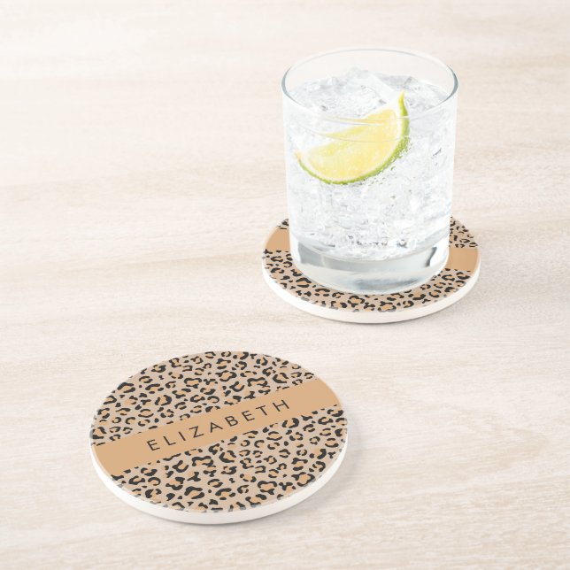 Leopard Print, Spots, Brown Leopard, Your Name Coaster (Side)