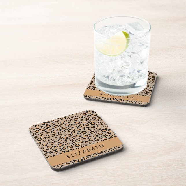 Leopard Print, Spots, Brown Leopard, Your Name Coaster (Right Side)