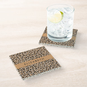 Leopard Print, Spots, Brown Leopard, Your Name Glass Coaster