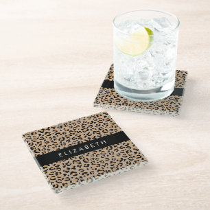 Leopard Print, Spots, Brown Leopard, Your Name Glass Coaster