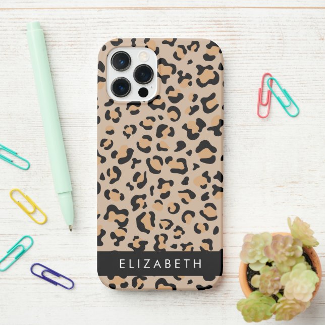 Leopard Print, Spots, Brown Leopard, Your Name iPhone Case (On Desk)