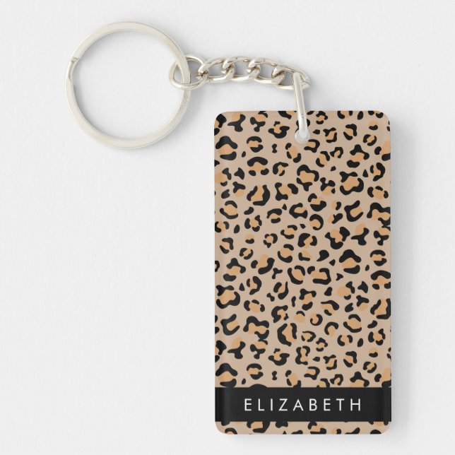 Leopard Print, Spots, Brown Leopard, Your Name Key Ring (Front)