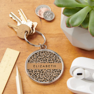 Leopard Print, Spots, Brown Leopard, Your Name Key Ring