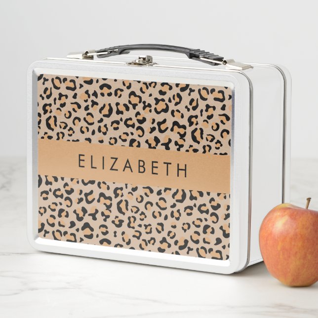 Leopard Print, Spots, Brown Leopard, Your Name Metal Lunch Box (In Situ)