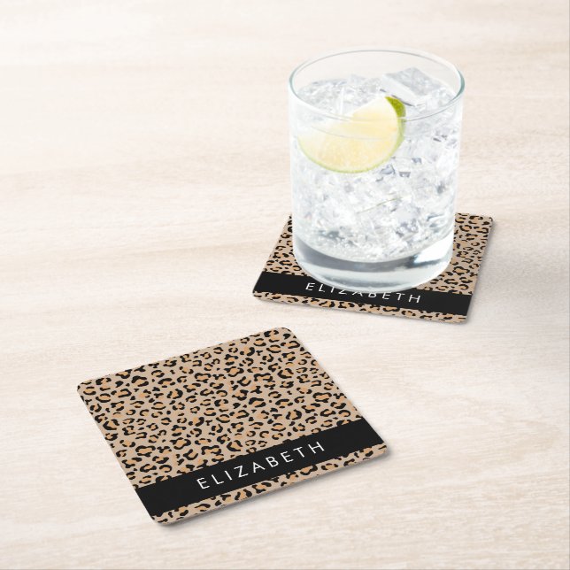Leopard Print, Spots, Brown Leopard, Your Name Square Paper Coaster (Insitu)