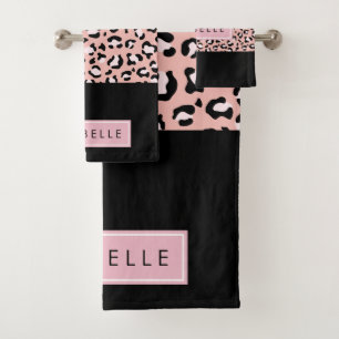 Leopard Print, Spots, Pink Leopard, Your Name Bath Towel Set