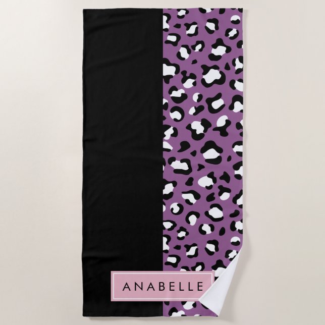 Leopard Print, Spots, Purple Leopard, Your Name Beach Towel (Front)