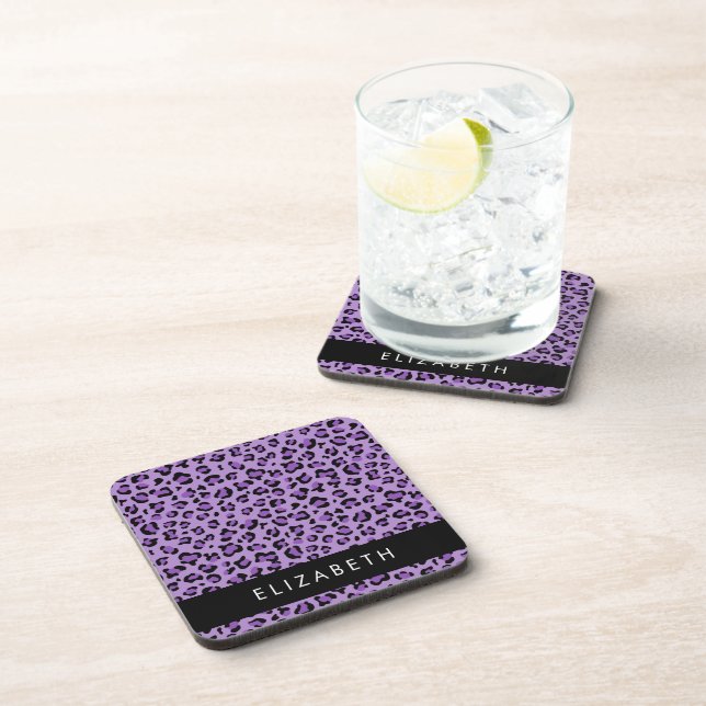 Leopard Print, Spots, Purple Leopard, Your Name Coaster (Right Side)