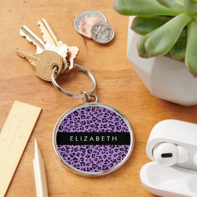 Leopard Print, Spots, Purple Leopard, Your Name Key Ring (Desk)