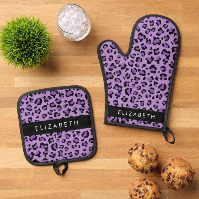 Leopard Print, Spots, Purple Leopard, Your Name Oven Mitt & Pot Holder Set (Top Down)