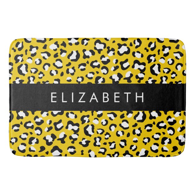 Leopard Print, Spots, Yellow Leopard, Your Name Bath Mat (Front)