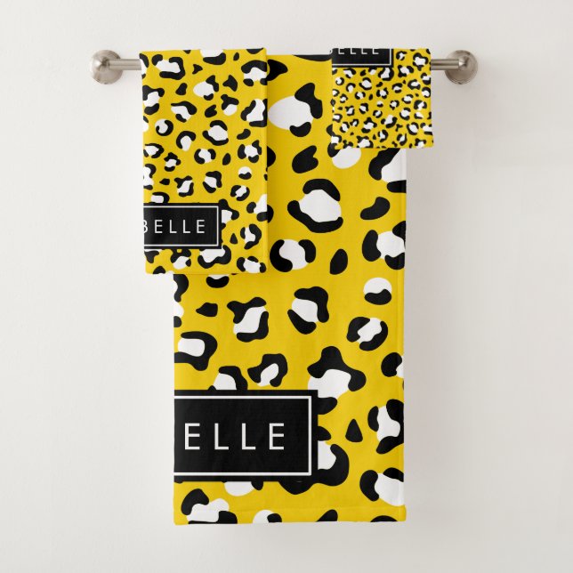 Leopard Print, Spots, Yellow Leopard, Your Name Bath Towel Set (Insitu)