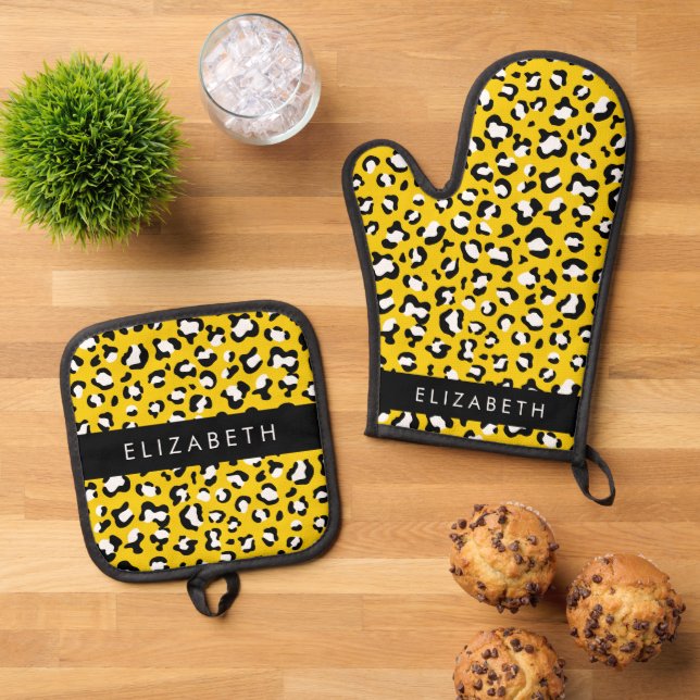 Leopard Print, Spots, Yellow Leopard, Your Name Oven Mitt & Pot Holder Set (Top Down)
