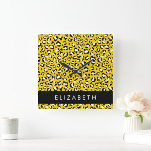 Leopard Print, Spots, Yellow Leopard, Your Name Square Wall Clock