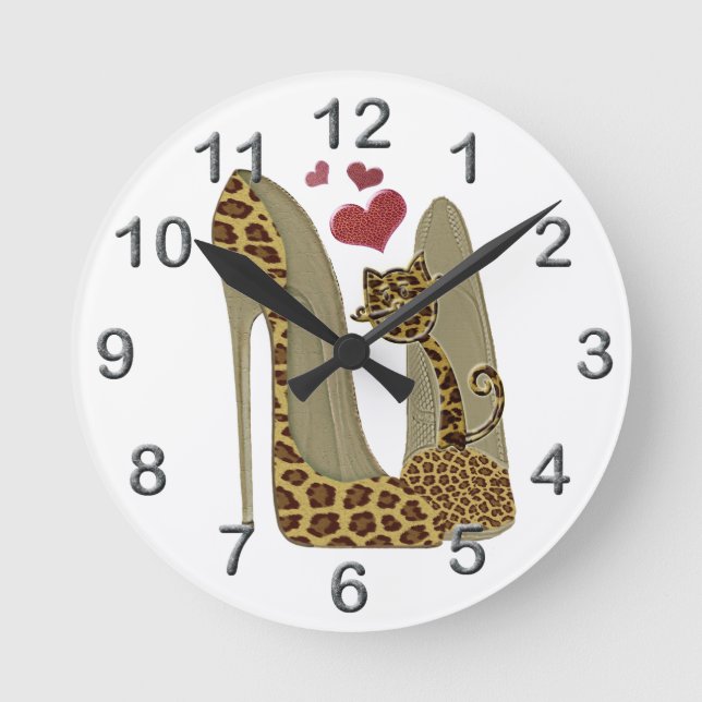 Leopard print Stiletto Shoes and Cute Cat Hearts Round Clock (Front)