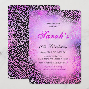 Leopard Print Sweet 16  Pink Glitter Invitation