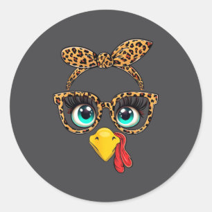 Leopard Print Thanksgiving Funny Turkey Face Gles  Classic Round Sticker