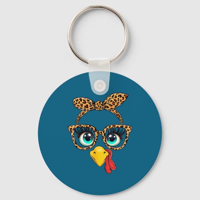Leopard Print Thanksgiving Funny Turkey Face Gles  Key Ring (Front)