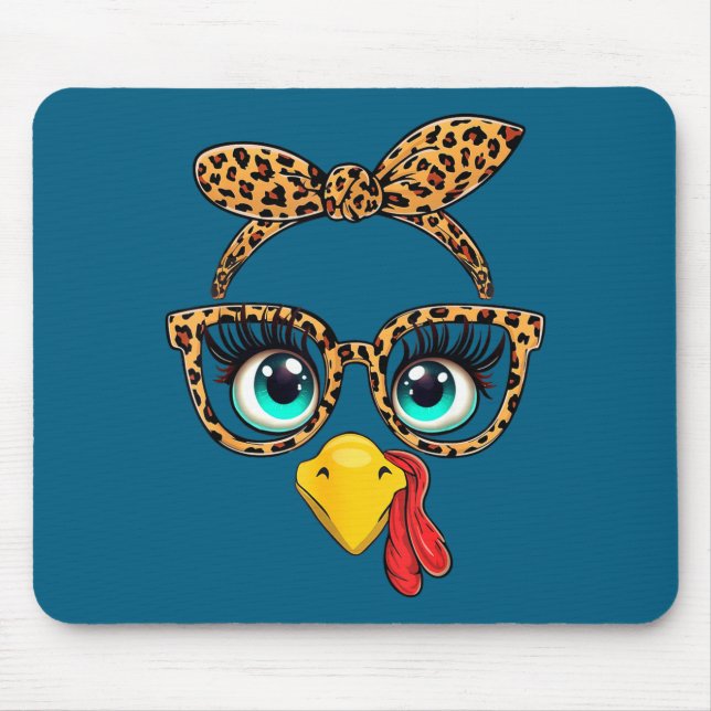 Leopard Print Thanksgiving Funny Turkey Face Gles  Mouse Pad (Front)