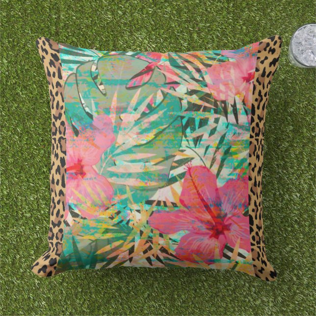 Leopard Print Tropical Throw Pillow (Grass)