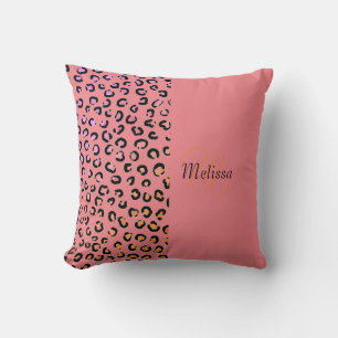 Leopard Print Two Tone Blush Pink Name Monogram Cushion