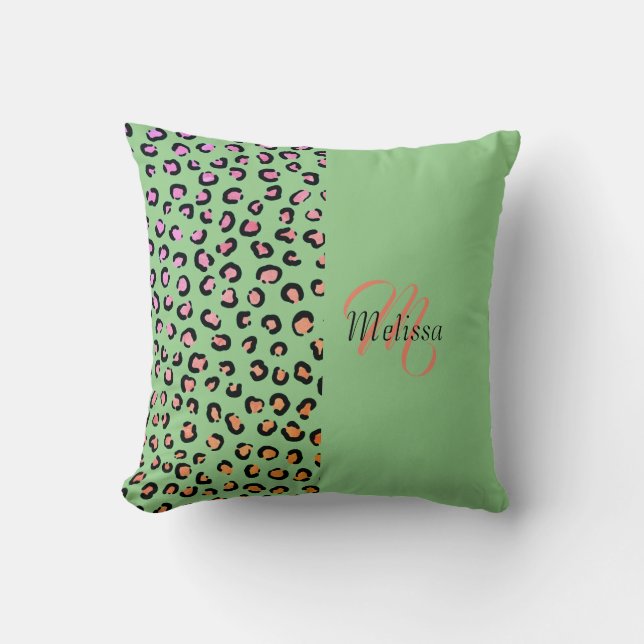 Leopard Print Two Tone Mint Green Name Monogram  Cushion (Front)