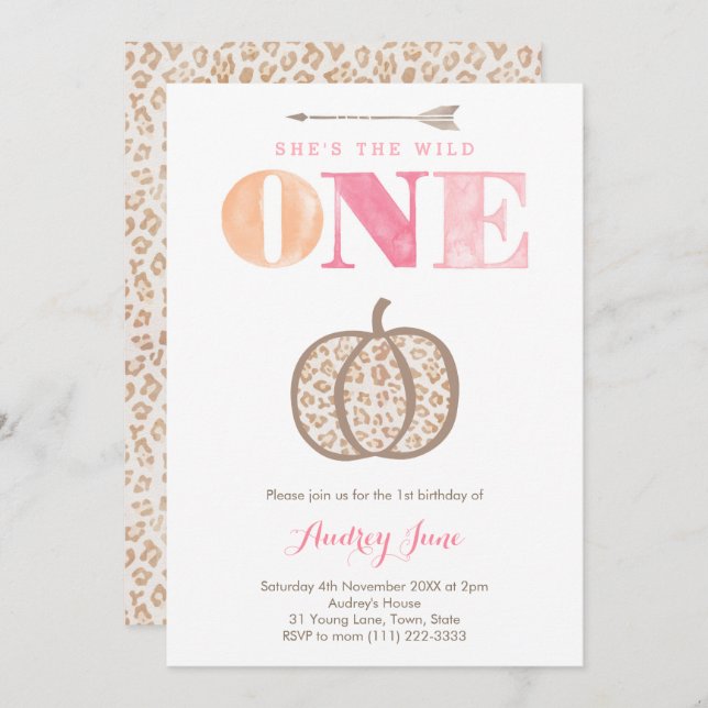 Leopard Print Wild One Pumpkin 1st Birthday Party Invitation (Front/Back)