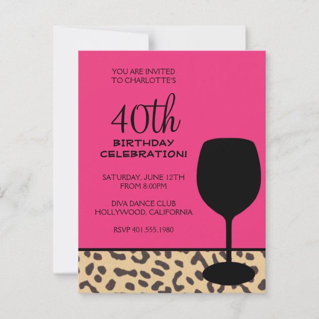 leopard print wine birthday invitation (Front)
