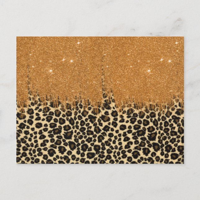 Leopard Print with Gold Faux Glitter Brush Stroke Postcard (Front)