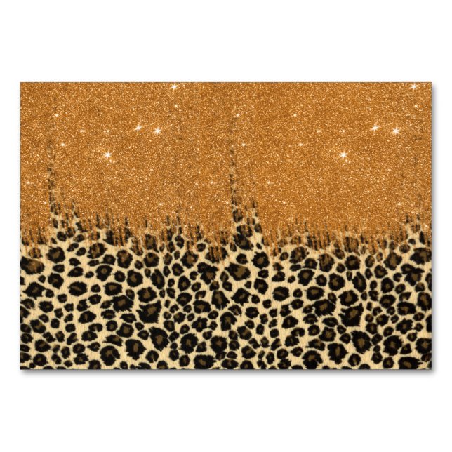 Leopard Print with Gold Faux Glitter Brush Stroke Table Number (Front)