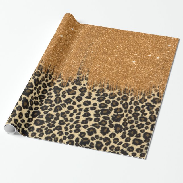 Leopard Print with Gold Faux Glitter Brush Stroke Wrapping Paper (Unrolled)