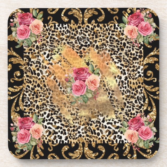 leopard print with roses and gold glitter coaster (Front)