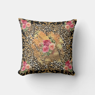 leopard print with roses and gold glitter cushion