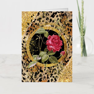 leopard print with roses and gold glitter foil greeting card