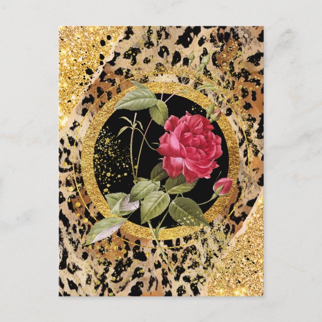 leopard print with roses and gold glitter postcard (Front)