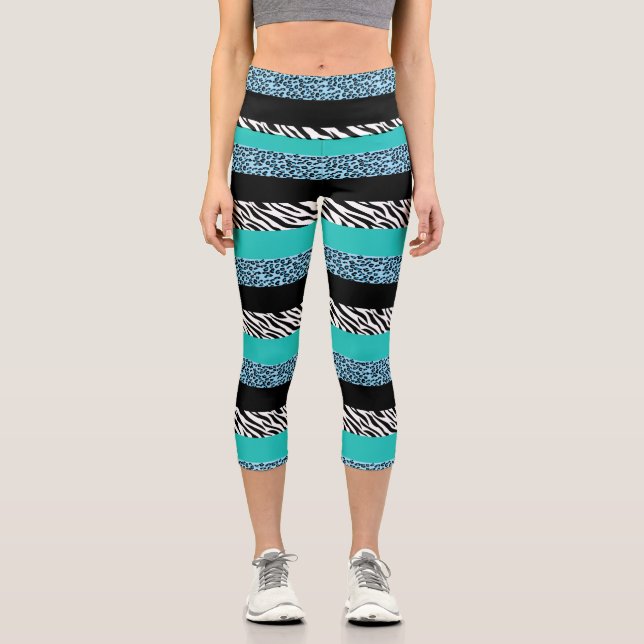 Leopard Print, Zebra Print, Animal Print, Blue Capri Leggings (Front)