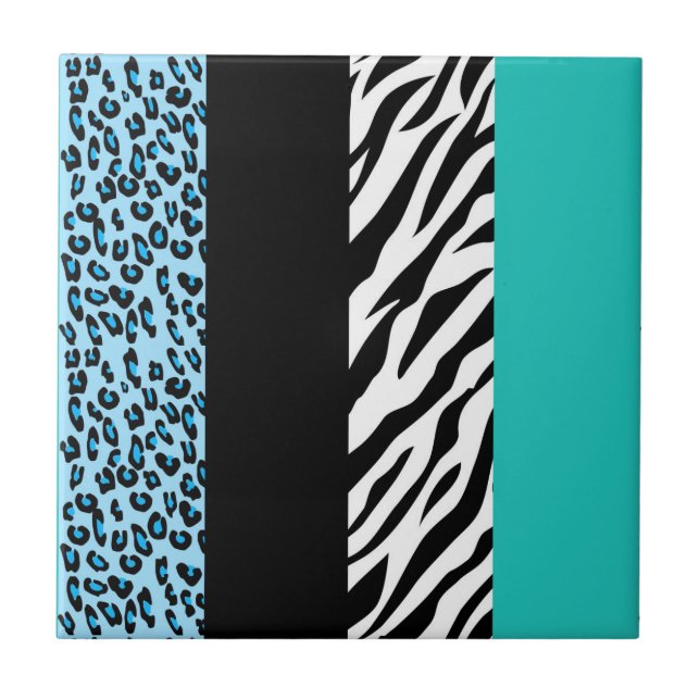 Leopard Print, Zebra Print, Animal Print, Blue Ceramic Tile (Front)