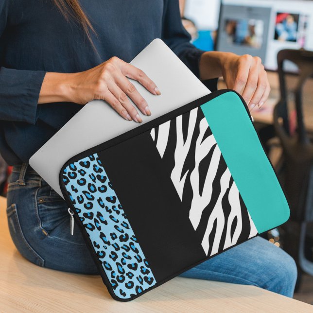 Leopard Print, Zebra Print, Animal Print, Blue Laptop Sleeve (Creator Uploaded)