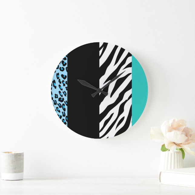 Leopard Print, Zebra Print, Animal Print, Blue Large Clock (Home)