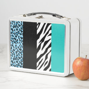 Leopard Print, Zebra Print, Animal Print, Blue Metal Lunch Box