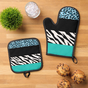 Leopard Print, Zebra Print, Animal Print, Blue Oven Mitt & Pot Holder Set