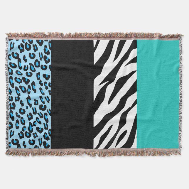 Leopard Print, Zebra Print, Animal Print, Blue Throw Blanket (Front)