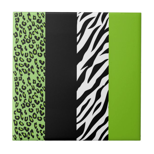 Leopard Print, Zebra Print, Animal Print, Green Ceramic Tile (Front)